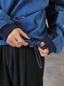 FRIFUL Áo denim dáng rộng cổ tròn tay dài trễ vai màu tương phản dành cho nữ - Màu xanh lam - Xem 6