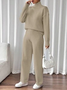 Pariaura 2件套女士休闲立领落肩毛衣套装 - 駝色 - 查看 5