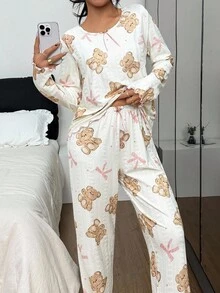 SHEIN 蝴蝶结和小熊印花提花针织长袖睡衣套装，泰迪熊睡衣套装，女士睡衣，可爱睡衣套装，小熊睡衣，秋冬服装，舒适优雅细节