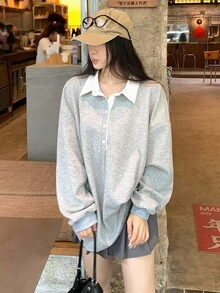 DAZY 女式二合一韩版波点印花长袖上衣，秋冬 - 灰色 - 查看 5