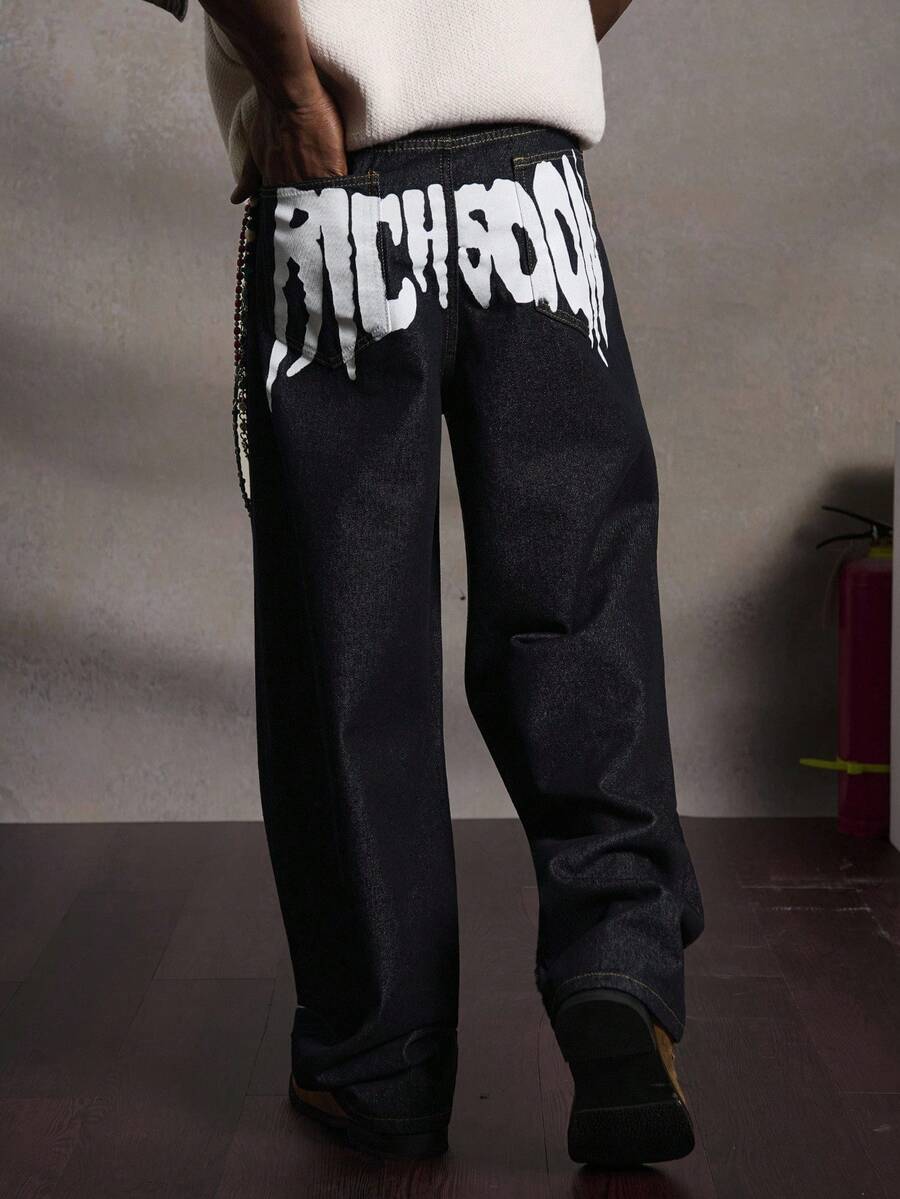 PAVTROS Quần jeans ống rộng dáng rộng cho nam, họa tiết chữ đường phố, xanh đậm, phù hợp cho mọi mùa - Rửa tối - Xem 1