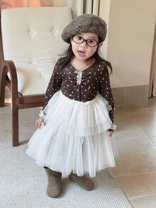 DAZY 女嬰花卉滿版印花長袖網布拼接中長洋裝，休閒秋冬女嬰服飾 - 咖啡棕 - 查看 5