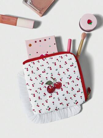 Kawaii 1 pezzo Borsa trucco portatile di grande capacità con motivo a ciliegie alla moda su tutta la superficie e bordo in pizzo quadrato, 15x15cm