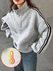 FRIFUL Women's Half-Zip Contrast Color Ribbon Decor Loose Fit Thermal Lined Thick Casual Hoodie