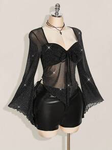 SHEIN ICON 大码闪亮喇叭袖前系带性感方领衬衫 - 黑色 - 查看 6