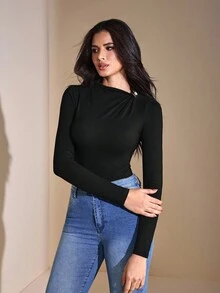 JIAN LASALA بوديسوت نسائية أنيقة من قطعة واحدة، قطن مضلع أسود اللون، بأكمام طويلة ضيقة، مناسبة للخروج والحفلات والأعراس الشتوية، تصميم فاخر وعصري - الأسود - مشاهدة 6