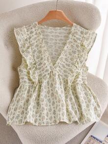 CosyJoli 大码女式夏季休闲度假花卉印花荷叶边 V 领衬衫 - 藍色 - 查看 1