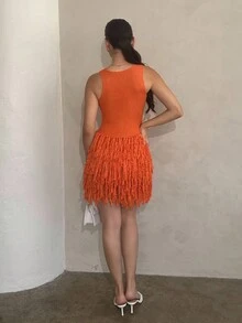 Andrea Bello Women's Summer Fashion Solid Color Tassel Hem Knit Dress - Orange - View 2