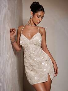 SHEIN BAE 秋冬季纯色杏色亮片缀饰性感开衩半身裙，杏色半身裙，优雅半身裙，适合夜店和演唱会等场合穿着。 - 杏色 - 查看 4