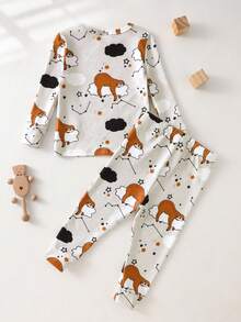 2pcs Infant/Toddler Boys' Khaki Cartoon Sloth Print Long Sleeve Bodysuit & Pants Pajama Set - Khaki - View 3