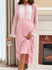 Slowluna Vestido de maternidad casual de manga larga con aplicaciones de encaje y adornos florales - Rosa - Ver 7