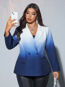 Viva Relle 加大码修身双排扣渐变色长袖西装外套 - 霧霾藍 - 查看 2
