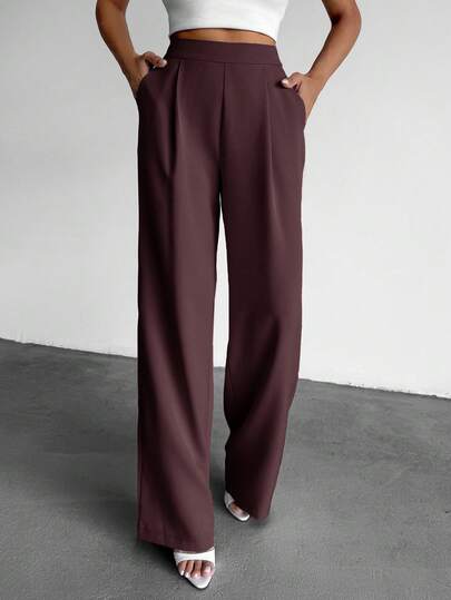 Damen einfarbige, hochgeschnittene, plissierte, weite, locker geschnittene Hosen für die Arbeit