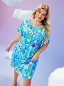 SweetSlumber X Carebears 大码可爱卡通熊图案圆领短袖睡裙 - 彩色 - 查看 5