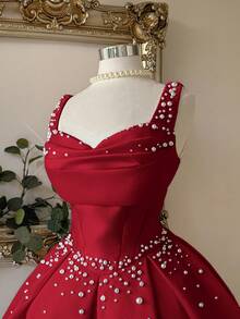 Lovelzi Elegant, Luxurious, Noble, Palace-Style White Satin Strapless Draped Neckline Mermaid Silhouette Dress With Pearl Decor, Flared Hem, Suitable For Bachelorette Party, Wedding, Graduation, Vacation, Bridal Shower