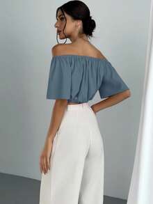 Aloruh 女式纯色时尚露肩V领收腰衬衫 - 水鴨藍 - 查看 2