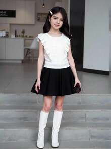 SHEIN Tween Girl' Casual Elegant Cute Jacquard Knit Tank Top, Suitable For Vacation, Casual Daily Wear - White - View 3