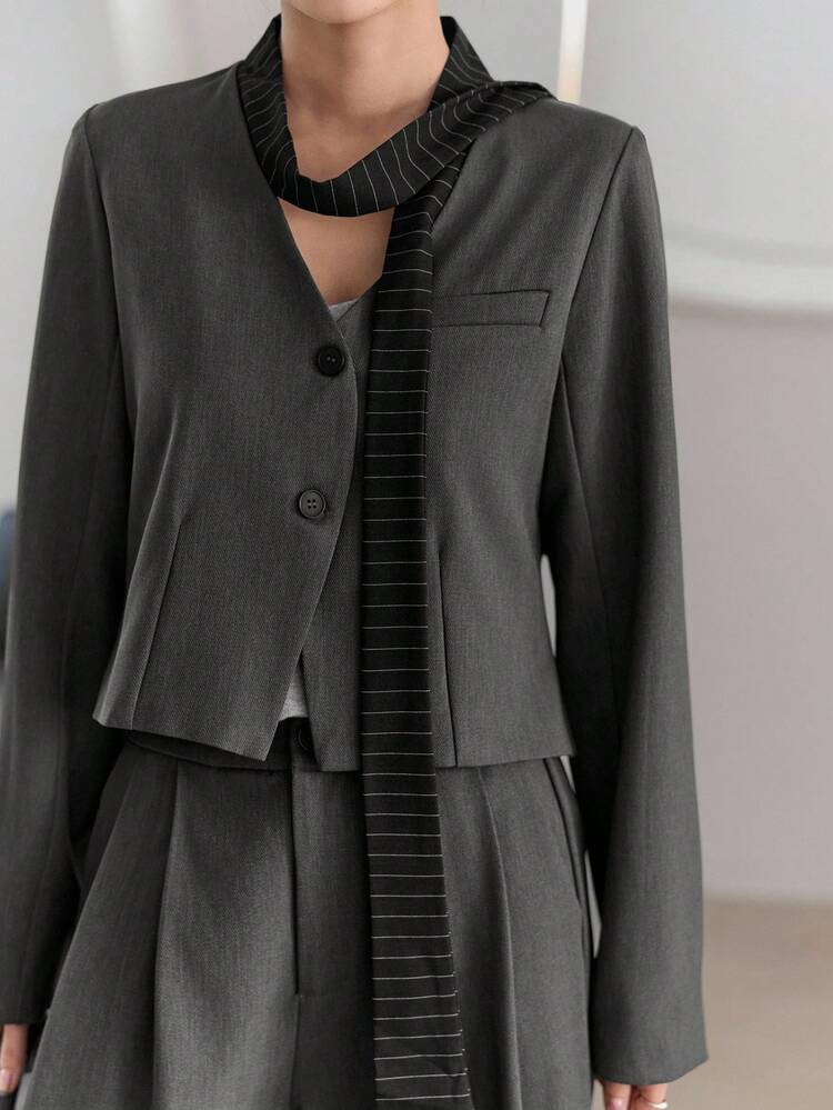 Women's Colorblock Striped Lapel Tie Splice Fashionable Design Flared Short Blazer And Wide Leg Pants Casual Suit