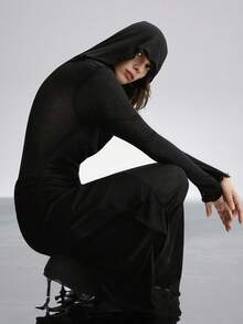 Airlisse 女士优雅U领连帽修身薄纱长袖连衣裙，适合派对和正式晚宴等场合。 - 黑色 - 查看 6