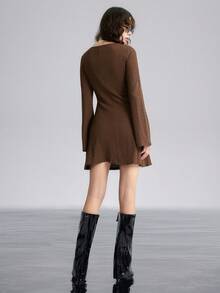 SHEIN LUNE 女式纯色喇叭袖休闲金属扣装饰连衣裙 - 棕色 - 查看 2