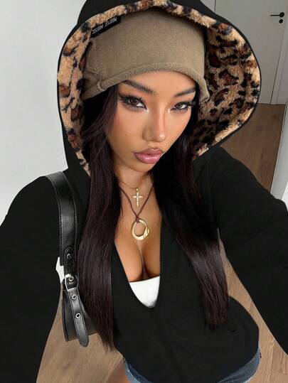 StreetHx Moletom feminino casual slim fit para uso diário, cinza, com estampa de leopardo felpuda, estilo punk versátil Y2K, manga comprida leve, adequado para primavera e outono