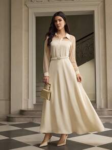 ZEYLAH 优雅女士波尔卡圆点网眼拼布长袖衬衫 - 杏色 - 查看 5