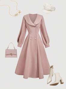 SHEIN MOD Women's Light Pink Lapel Double-Breasted Cinched Waist Mid-Length Overcoat,Fall / Winter Clothes For Women,Halloween,Party,Elegant,Goth,Wedding,Evening Dress Chic Wedding ,Women's Winter Coat