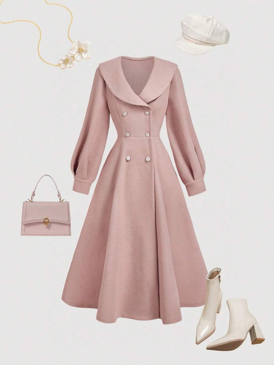 SHEIN MOD Women's Light Pink Lapel Double-Breasted Cinched Waist Mid-Length Overcoat,Fall / Winter Clothes For Women,Halloween,Party,Elegant,Goth,Wedding,Evening Dress Chic Wedding ,Women's Winter Coat
