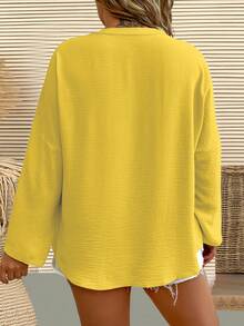 EMERY ROSE Áo sơ mi dài tay cổ chữ V màu trơn cỡ lớn dành cho nữ - Màu vàng - Xem 2