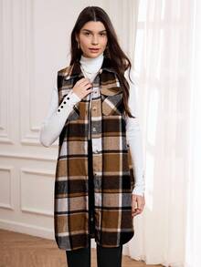 Miaspire Plaid Pocket Sleeveless Casual Women Vest Jacket - Multicolor - View 3