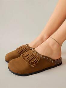 Solecia Zapatos planos cómodos con puntera redonda, borlas y pedrería completa, con doble hebilla para mujer, versátiles para uso diario, fiesta y commute - Camel - Ver 9