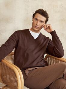 Manfinity Homme Áo len cổ chữ V màu trơn đa năng thường ngày cho nam Áo len tông màu đất Áo len nam màu nâu, Thu Đông - Nhiều màu - Xem 6