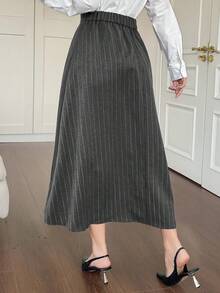 DAZY 女士休闲百褶条纹A字裙，秋冬女装半身裙 - 深灰色 - 查看 2