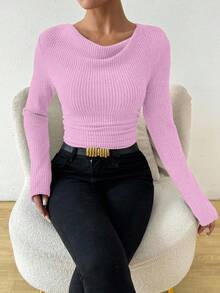 RosyDaze Vintage asymmetrisches drapiertes Hals strukturiertes gerüschtes figurbetontes Langarm T-Shirt Langarm Oberteil geripptes Oberteil Damen Langarm Oberteil figurbetontes Oberteil Schalkragen Oberteil - Pink - Übersicht 7