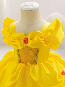 Glamorique Kids 女婴公主薄纱连衣裙，黄色网纱公主裙，蕾丝，红色宝石，派对礼服，红色3D玫瑰，优雅派对礼服，生日派对，婚礼节日礼服，中东，欧洲 - 黃色 - 查看 7