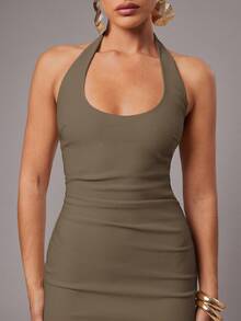 Silquee 女式纯白色露背吊带连衣裙，春夏 - 咖啡棕 - 查看 7