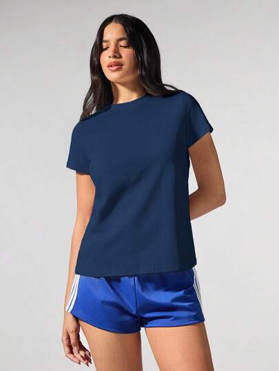 Menodora SHEIN Sport 休闲纯色针织圆领宽松女式T恤