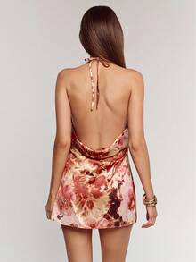 SHEIN BAE Váy ngắn không tay buộc eo hở lưng in họa tiết dành cho nữ - trái cam - Xem 2