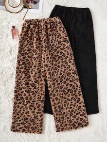 SHEIN 2件套女士毛绒休闲蓬松睡裤，纯黑色和豹纹印花，秋冬季舒适优雅细节毛绒睡裤猎豹纹蓬松睡衣豹纹蓬松睡衣，秋冬服装