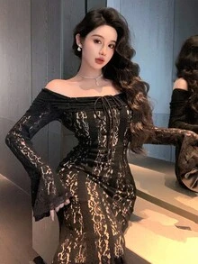 DAZY Elegante abito midi da donna con spalle scoperte, maniche a campana e fondo a sirena, adatto per feste in autunno - nero - Visualizzare 3
