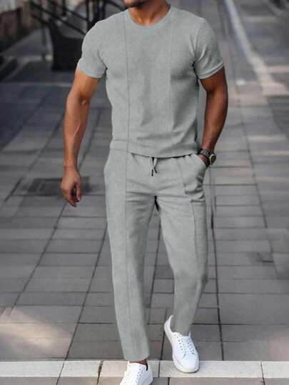 Manfinity Homme Herr Enfärgad Rund Halsringning Kortärmad Casual Matchande Topp Och Byxor Set Herr Tvådelat Set Herr Sommaroutfit Herr Casual Set Herr Co-ord Set Grå Herroutfit, Mysiga Outfits