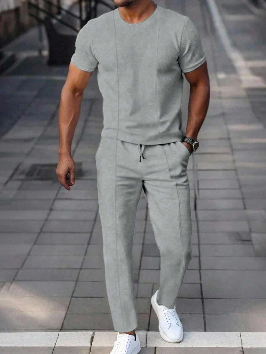 Manfinity Homme Men's Solid Color Crew Neck Short Sleeve Casual Matching Top And Pants Set Men Two Piece Set Men Summer Outfit Men Casual Set Men Co Ord Set Grey Men Outfit, Cozy Outfits - Light Grey - View 1