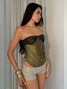 Glamine Women's Summer Party Strapless Draped Collar Top - Olive Green - View 5