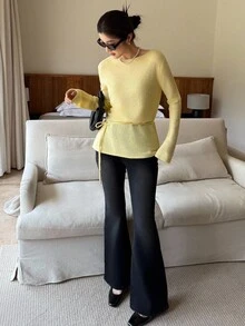 K-Vae 1 pieza Blusa de punto de unicolor, versátil y de manga larga para mujer en otoño/invierno - Amarillo - Ver 2