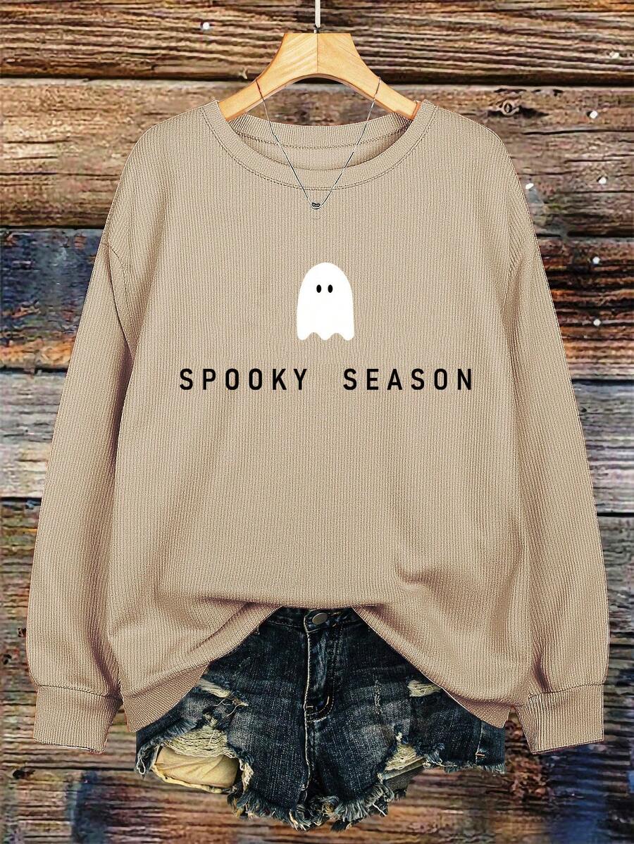 EMERY ROSE Áo nỉ dài tay cổ tròn in họa tiết Halloween thường ngày, quà tặng cho bạn bè, mùa thu/đông - Màu Khaki - Xem 1