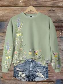SHEIN LUNE Áo sweatshirt dài tay cổ tròn dáng rộng, họa tiết hoa vintage, phong cách thường ngày, dành cho nữ mùa thu/đông. Áo sweatshirt màu xanh lá cây nhạt, thích hợp mặc mùa thu/đông, thích hợp mặc ở nhà. - Nhiều màu - Xem 8