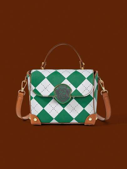 HARRY POTTER X SHEIN Bolso de mano casual de moda para mujer con estampado de cuadros y serpiente