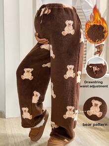 SHEIN Pregnant Women's Cute Teddy Bear Pattern Drawstring Pants For Home Winter Clothes For Women Brown Pants Graphic Pants Thermal Lined And Warm - Mocha Brown - View 1