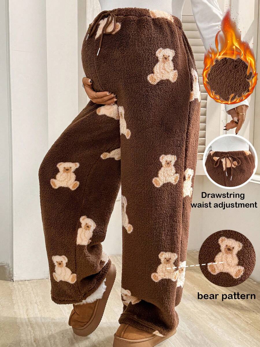 SHEIN Pregnant Women's Cute Teddy Bear Pattern Drawstring Pants For Home Winter Clothes For Women Brown Pants Graphic Pants Thermal Lined And Warm - Mocha Brown - View 1