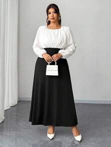 Elenzga Vestido Ajustado Tipo A com Manga Lanterna Colorblock Casual para Mulheres Plus Size, Adequado para Ano Novo